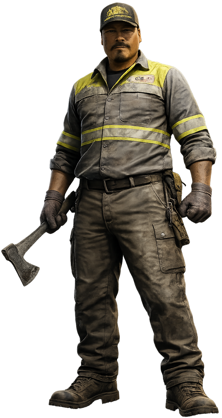 Jesus — Salvage County crew member in a grey work coverall and cap, holding a hand axe