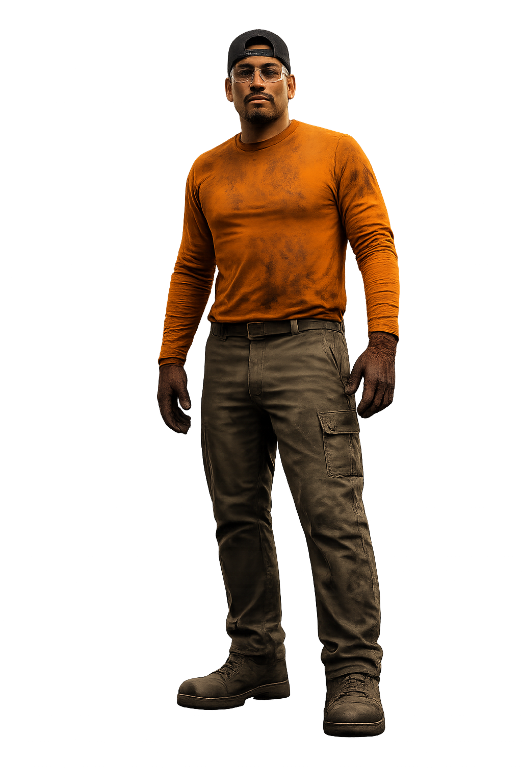 Leyva — Salvage County crew member in an orange long-sleeve shirt, backwards cap, and safety glasses