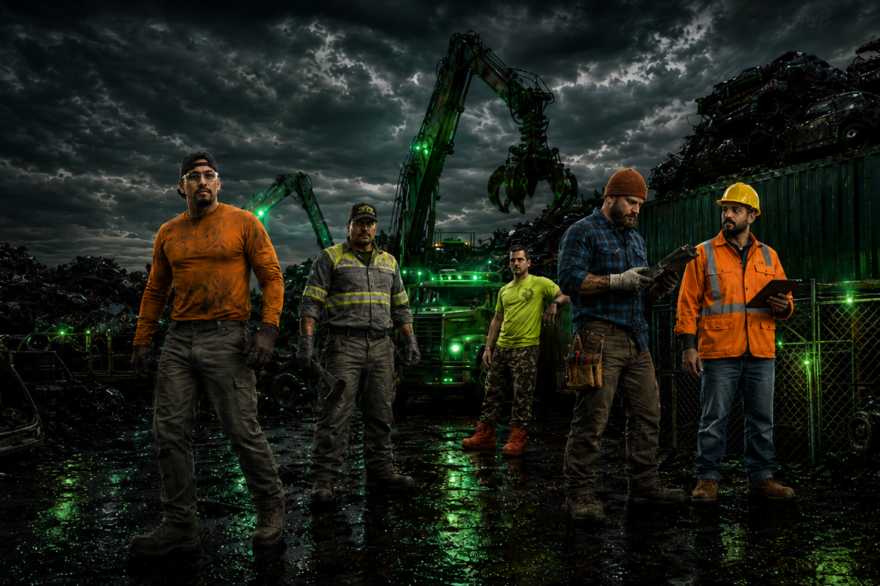 The Salvage County crew standing in a junkyard at night, lit by green work lights with a scrap-loading machine behind them