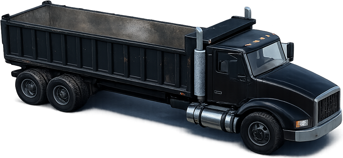 Black heavy dump truck hauler with a large steel dump bed