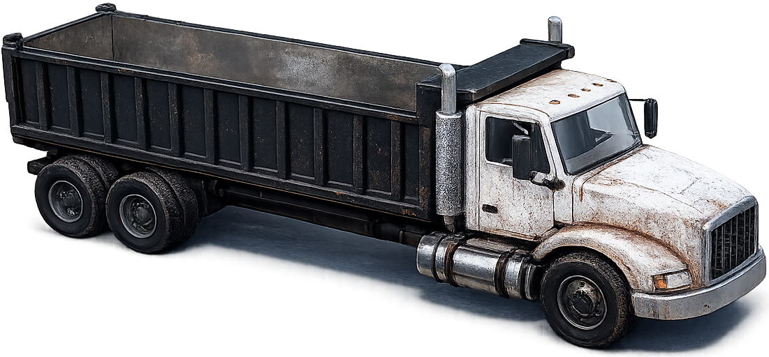 Weathered white heavy dump truck hauler with rust and a steel dump bed