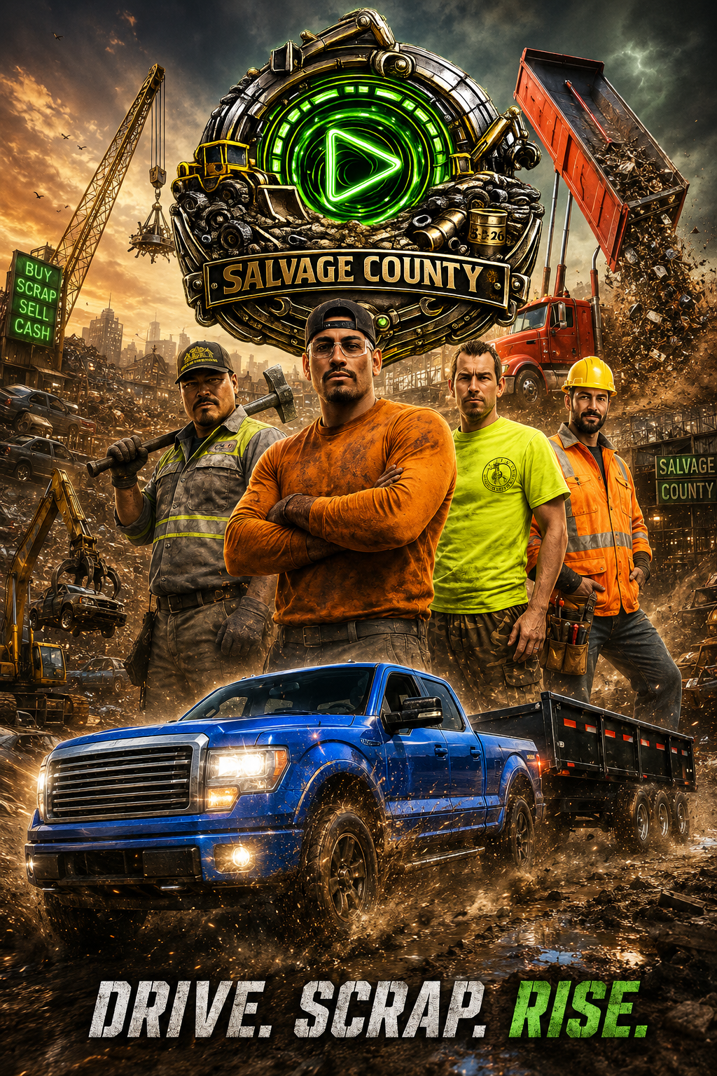 Salvage County key art poster — a scrapper crew and a blue pickup with a dump trailer in a junkyard under the tagline Drive. Scrap. Rise.