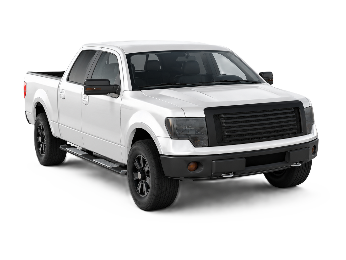 White Salvage County starter pickup truck, crew cab with open cargo bed