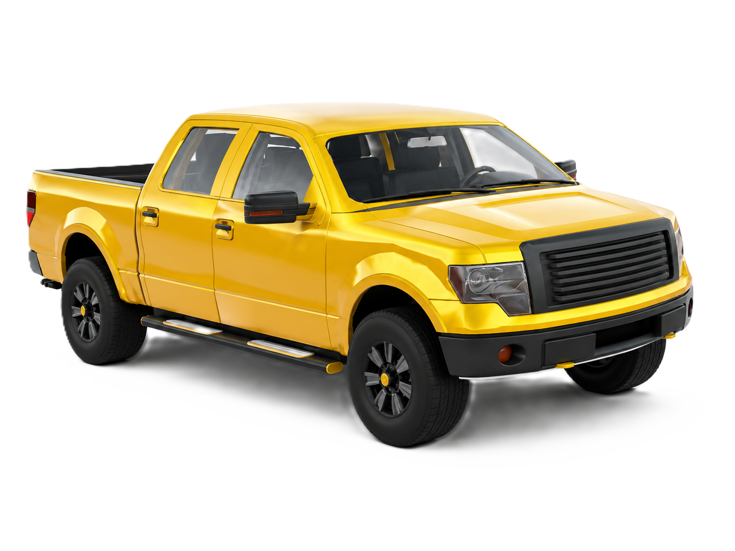 Yellow Salvage County starter pickup truck, crew cab with open cargo bed